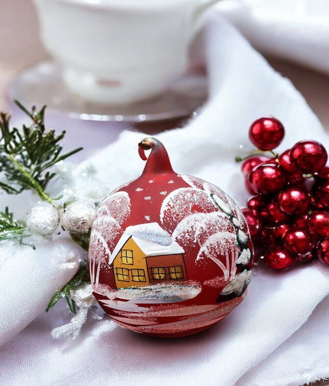 Red Blown Glass Ornament - Handcrafted - Brown Cathedral Design