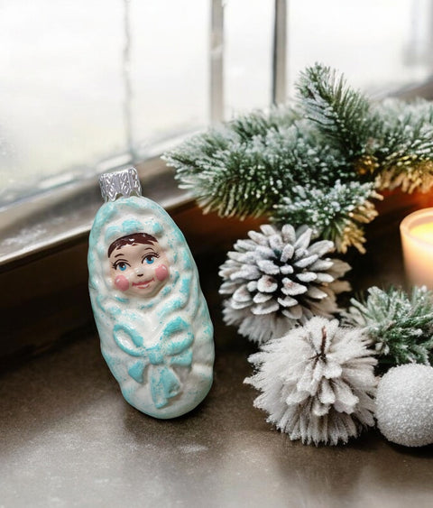 Hand Decorated Glass Keepsake Ornament - Baby in Blue Swaddle Design