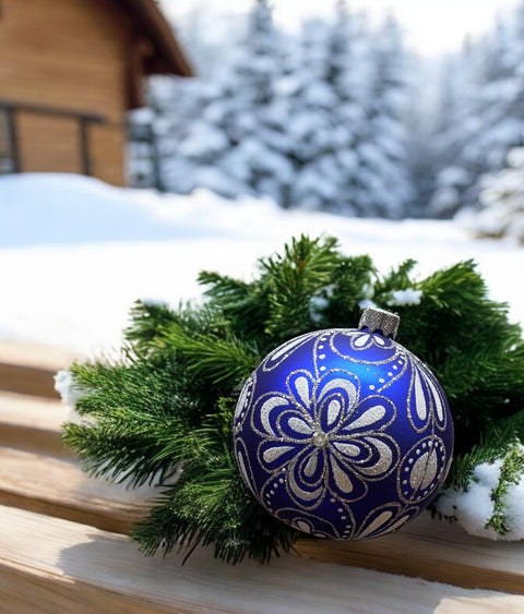 Blue Blown Glass Ornament - Handcrafted - Flower Design