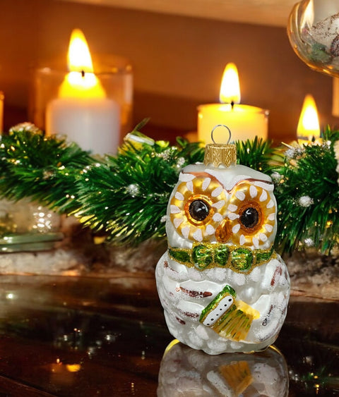 Hand Decorated Glass Keepsake Ornament - Owl With Accordion Design