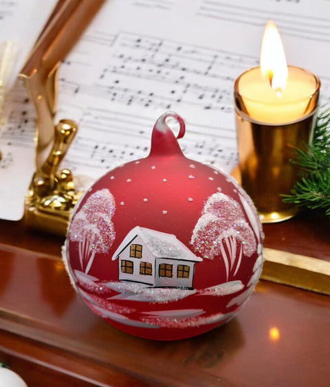 Red Blown Glass Ornament - Handcrafted - White Church Design