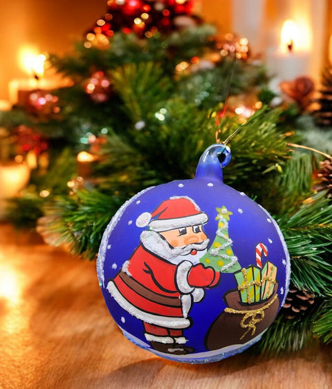 Blue Blown Glass Ornament - Handcrafted -  Santa Claus Design