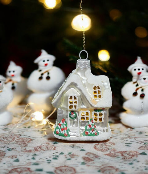 Hand Decorated Glass Keepsake Ornament - Charming Silver House Design