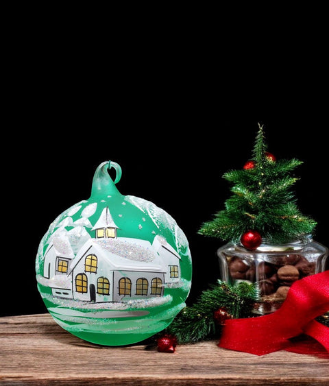 Green Blown Glass Ornament - Handcrafted - White Church Design