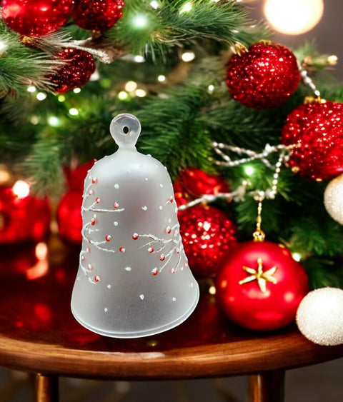 Frosted Blown Glass Bell Ornament – Finch Design with Clapper