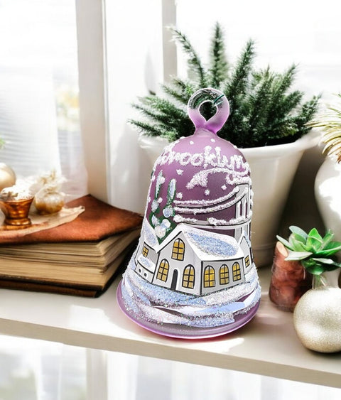 Lavender Blown Glass Bell Ornament –  Brooklyn Bridge Design with Clapper