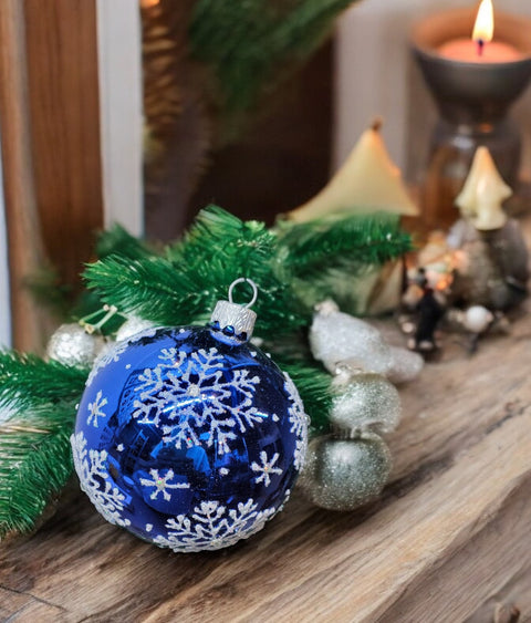 Blue Blown Glass Ornament - Handcrafted - Large Snowflake Design