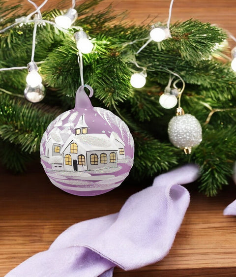 Lavender Blown Glass Ornament - Handcrafted - White Church Design