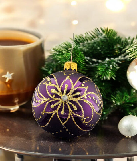 Purple Blown Glass Ornament - Handcrafted - Poinsettia Design