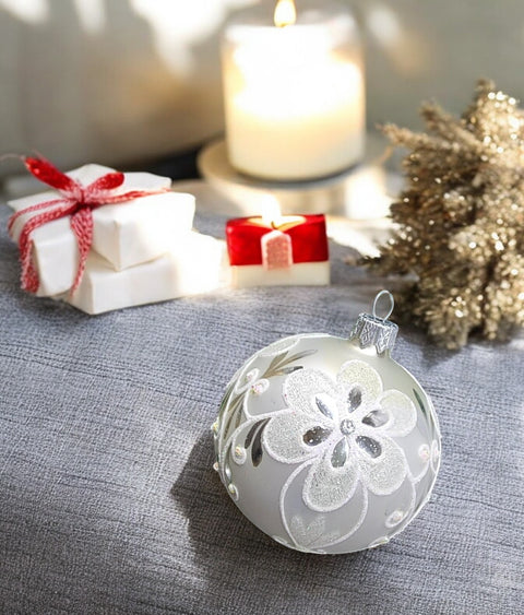 Silver Blown Glass Ornament - Handcrafted - Flower Design