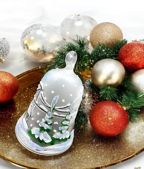 Frosted Blown Glass Bell Ornament - Handcrafted - Brooklyn Bridge Design With Clapper