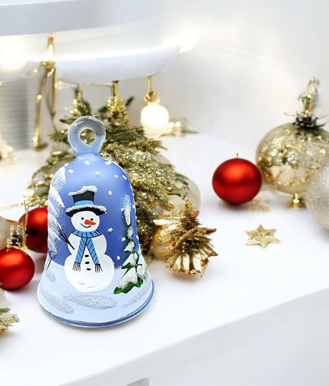 Light Blue Blown Glass Bell Ornament –  Snowman Design with Clapper