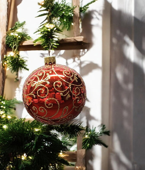 Red Blown Glass Ornament - Modern Design - Red & Gold Ornament - Hand Made In Ukraine - Hand Painted - Keepsake Ornament - Natural Glass