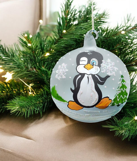 Frosted Blown Glass Ornament - Handcrafted - Charming Penguin Design