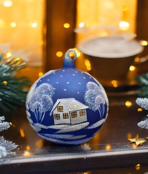 Blue Blown Glass Ornament - Handcrafted - White Church Design