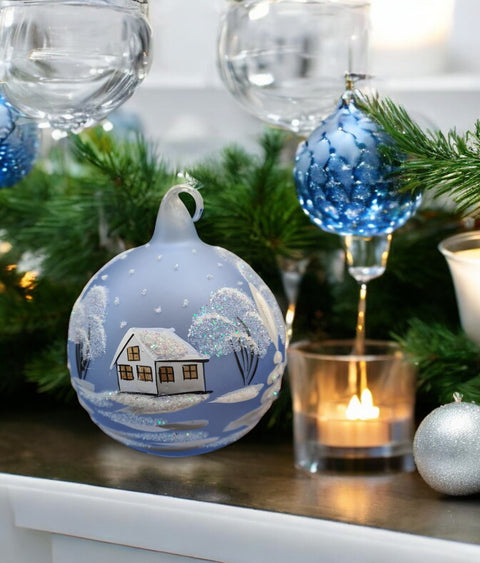 Light Blue Blown Glass Ornament - Handcrafted - White Church Design