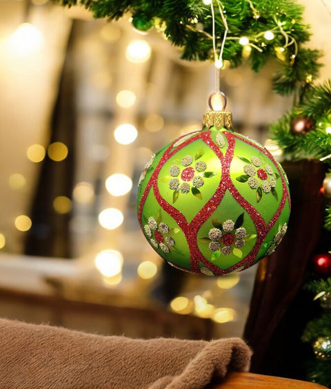 Red & Green Blown Glass Ornament - Handcrafted - Green & Yellow Daisy Design