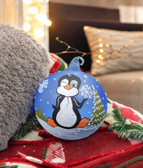 Light Blue Blown Glass Ornament - Handcrafted -  Charming Penguin  Design