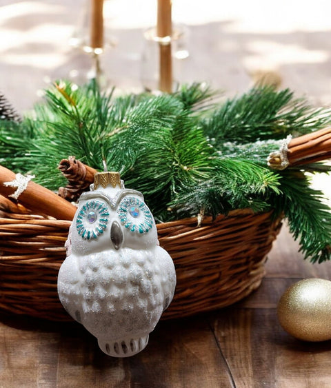 Hand Decorated Glass Keepsake Ornament - Charming White Owl Design