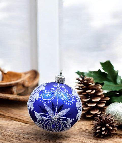 Blue Blown Glass Ornament - Handcrafted - Fancy Flower In Bloom Design