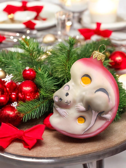 Hand Decorated Glass Keepsake Ornament - Charming Mice In Cheese Design