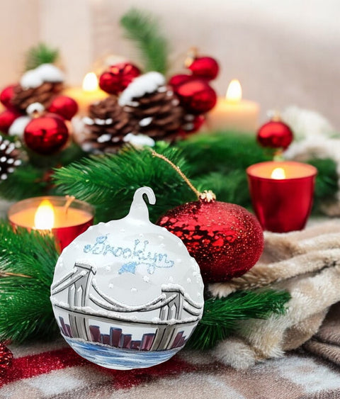 Frosted Blown Glass Ornament - Handcrafted - Brooklyn Bridge Design