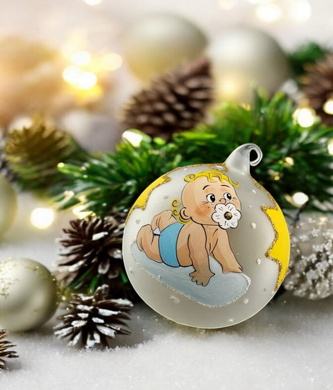 Frosted Blown Glass Ornament, Handcrafted Baby's First Christmas, Keepsake Ornament Handmade In Ukraine,  Customization Available, Blue