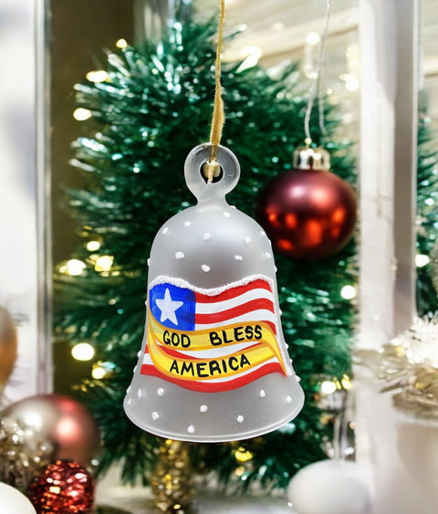 Frosted Blown Glass Bell Ornament – Liberty Bell Design with Clapper