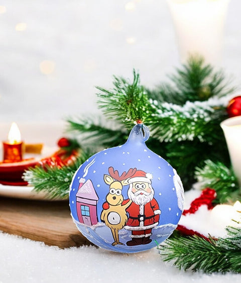 Light Blue Blown Glass Ornament - Handcrafted -  Santa N Reindeer Design