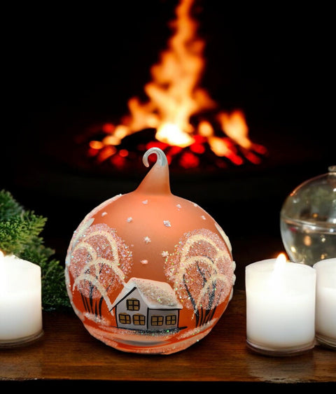 Orange Blown Glass Ornament - Handcrafted - White Church Design