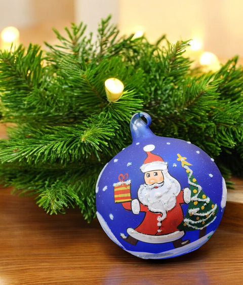 Blue Blown Glass Ornament - Handcrafted -  Charming Santa Claus Design