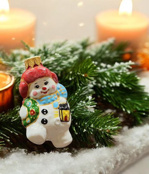 Hand Decorated Glass Keepsake Ornament - Snowman W Lantern Design