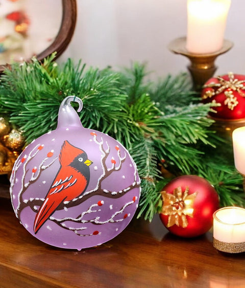 Lavender Blown Glass Ornament - Handcrafted - Red Cardinal Design