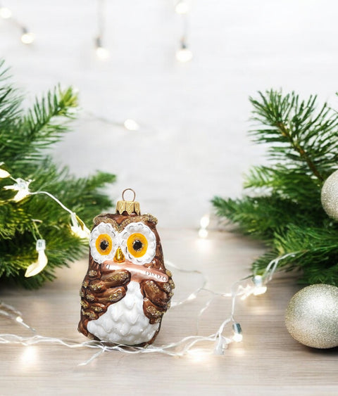 Hand Decorated Glass Keepsake Ornament - Charming Owl w/ Flute Design