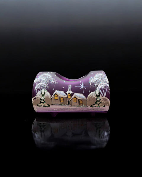 Purple Glass Single Candle Holder - White Church Yule Log Style