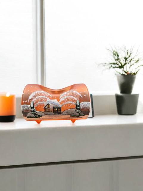 Orange Glass Single Candle Holder - White Church Yule Log Style