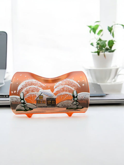 Orange Glass Single Candle Holder - White Church Yule Log Style