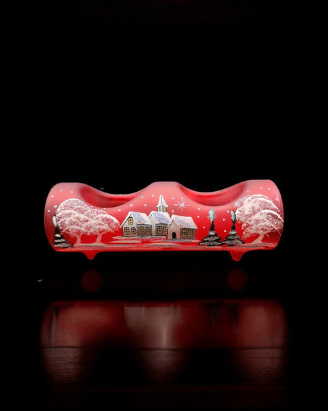 Red Glass Double Candle Holder  - White Church Yule Log Style