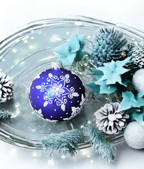 Blue Blown Glass Ornament - Handcrafted - Fancy Snowflake Design