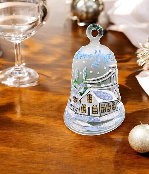 Frosted Blown Glass Bell Ornament - Handcrafted - Brooklyn Bridge Design With Clapper