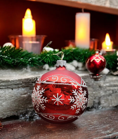 Red/White Blown Glass Ornament - Handcrafted - Large Snowflake Design