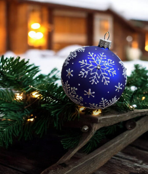 Blue Blown Glass Ornament - Handcrafted - Large Snowflake Design