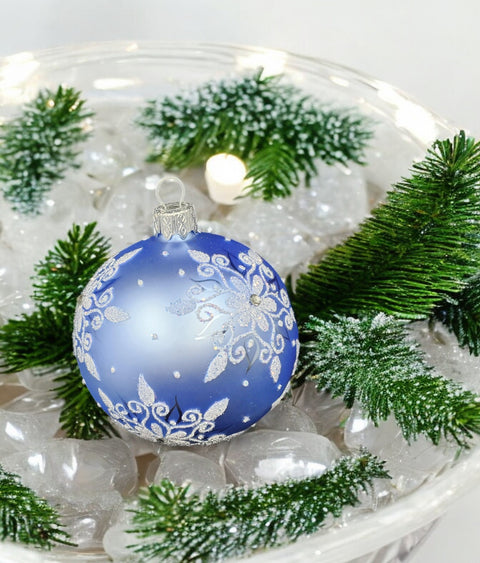 Light Blue Blown Glass Ornament - Handcrafted - Fancy Snowflake Design