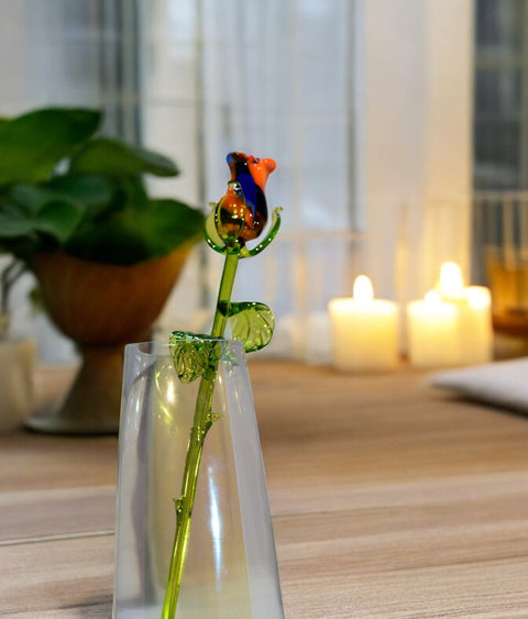 Blue & Orange Glass Rose - Handcrafted Long Stem Flower