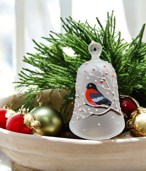 Frosted Blown Glass Bell Ornament – Finch Design with Clapper