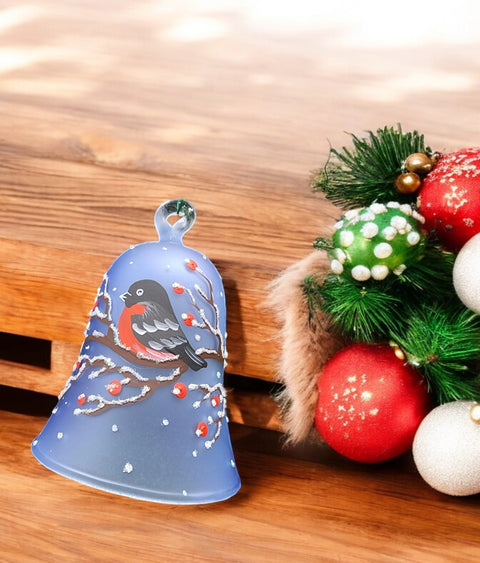 Light Blue Blown Glass Bell Ornament – Finch Design with Clapper