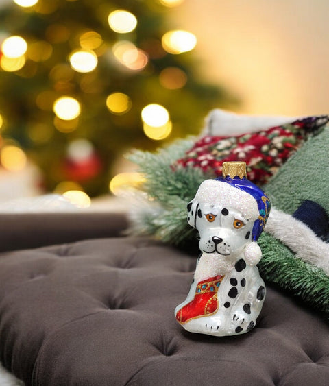 Hand Decorated Glass Keepsake Ornament - Dalmatian With Stocking Design