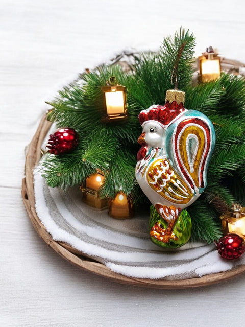 Hand Decorated Glass Keepsake Ornament - Charming Rooster Design