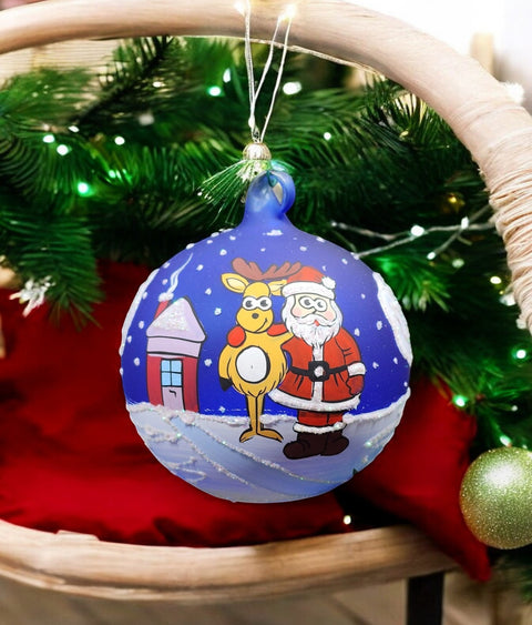 Blue Blown Glass Ornament - Handcrafted - Santa & Reindeer Design