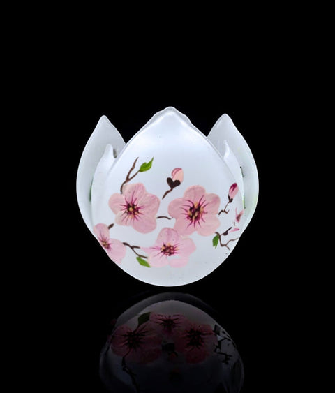Frosted Glass Lotus Blossom Candle Holder, Hand Crafted in Ukraine, Cherry Blossom Design, Wonderful Year Round